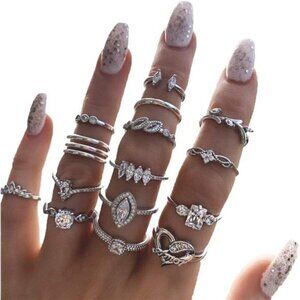 Silver Boho Stackable Ring Set – 15-Piece Elegant Bohemian Midi Rings- Dainty